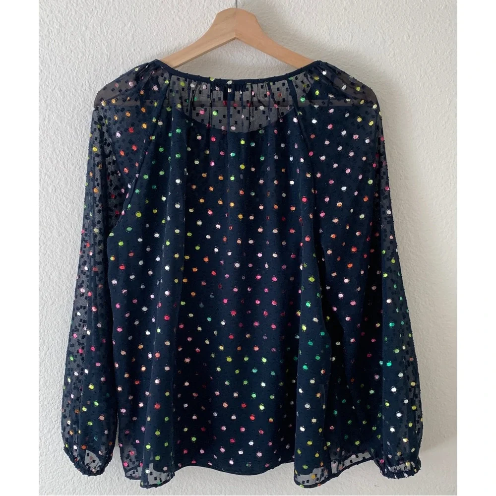 J. Crew Popover Navy Blue Rainbow Clip Dot Chiffon Top Size Medium K4385